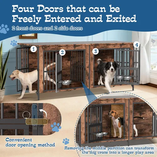 Vista 2 de Grepatio Mueble de jaula para perros de 79 pulgadas para 2 perros, perrera grande con cuencos giratorios de 360°, jaulas dobles para perros con 4