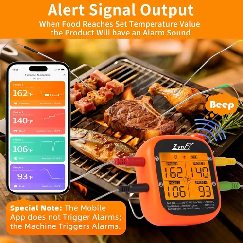 Vista 2 de Termómetro digital inalámbrico para carne, termómetro de alimentos de lectura instantánea con pantalla LCD y 4 sondas de acero inoxidable