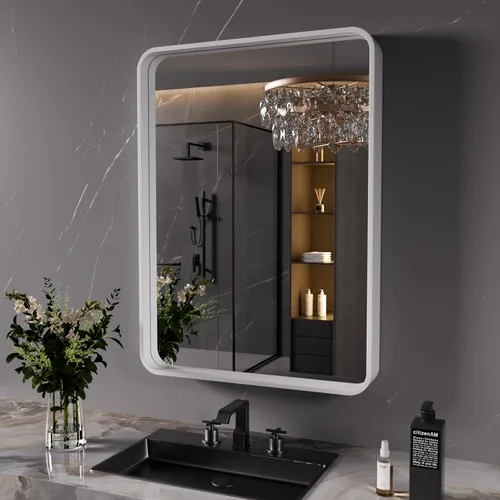 Vista 86 de JISOSO - Espejo de baño negro de 20x30 pulgadas con marco de metal negro, espejo de tocador rectangular redondeado con acabado mate para pared