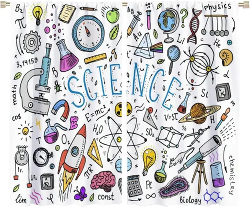 Vista 71 de Cortinas opacas para ventanas de ciencia para niños, lupa de libro de laboratorio de ciencia, lupa, frascos moleculares, cortinas impresas
