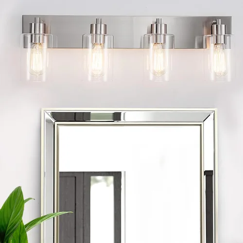 Vista 11 de Lámparas de baño, lámpara de tocador de 2 luces de níquel cepillado, apliques de pared modernos con pantalla de vidrio transparente para pasillo