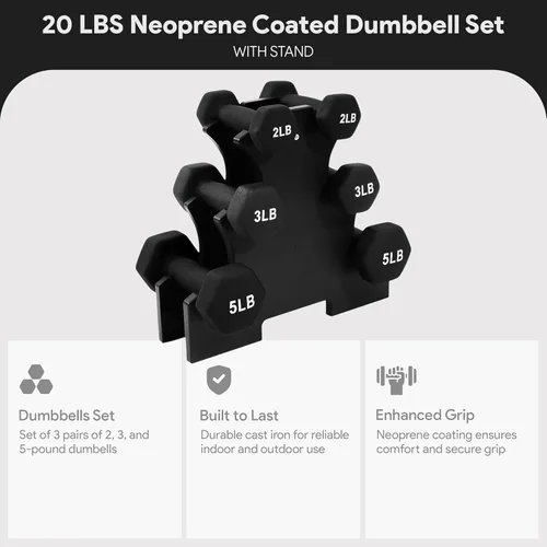 Vista 3 de BalanceFrom Neoprene Coated Iron Dumbbell Hex Weights Set with Stand – Color-Coded or Black Options with Non-Slip Grip for Strength Training