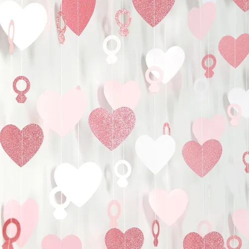 Vista 21 de Guirnalda iridiscente de anillo de corazón iridiscente de 52 pies para decoración de despedida de soltera de compromiso, pancarta holográfica