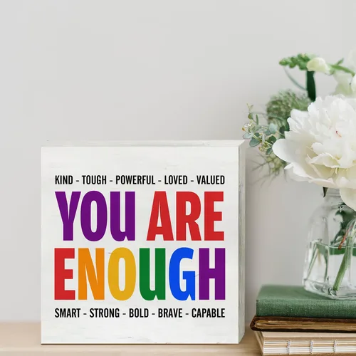 Vista 4 de Letrero de madera con texto en inglés "You Are Kind Tough Powerful Enough - Decoración de escritorio, con citas LGBT, bloque de madera, placa, caja