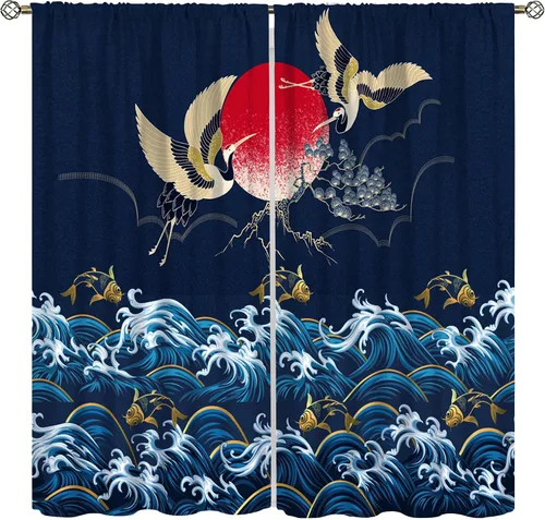 Cortinas de estilo japonés, grúas onduladas, luna llena dorada, cortinas opacas para sala de estar, dormitorio, puerta Noren, azul marino, peces