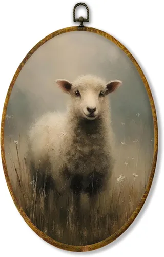 Vista 68 de Hiuwevt Decoración de pared ovalada rústica para el día de la lavandería, impresiones de lienzo retro con marco de perro de campo, decoración