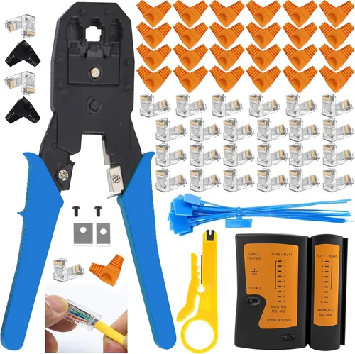 Vista 8 de LEATBUY - Kit de herramientas de crimpado RJ45 para RJ11/RJ12/CAT5/CAT6, cortador profesional de conectores de cable, pelacables de red, juego