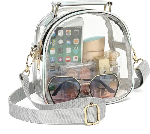 Vista 8 de Monederos transparentes para estadio de mujer, bonita bolsa transparente aprobada para estadios, bolso transparente con cremalleras arcoíris