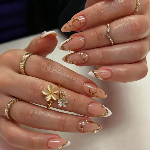 Vista 22 de Uñas postizas medianas a presión de almendra para mujer, uñas postizas Color-2