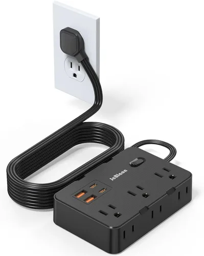 Regleta de alimentación con enchufe plano y protector de sobretensiones, cable de extensión ultradelgado de 5 pies con 4 cargadores de pared USB (2