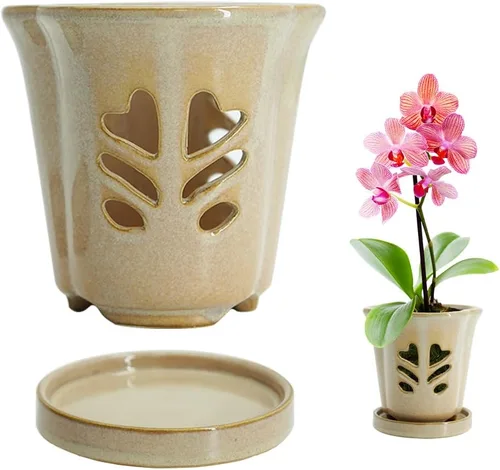 Maceta de cerámica para orquídeas de 4 pulgadas, macetas de orquídeas con agujeros, maceta de orquídeas para trasplantar, hermosa maceta de cerámica