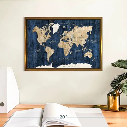Vista 3 de ElephantStock - Wood Textured World Map Wall Art - Horizontal Floating Framed Canvas - Dining Room Wall Decor - Digital Art Map Framed Canvas Art