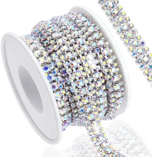 Vista 7 de Cadena de diamantes de imitación de 3 yardas con 3 filas para manualidades, cadena de cierre de diamantes de imitación plateada para hacer joyas