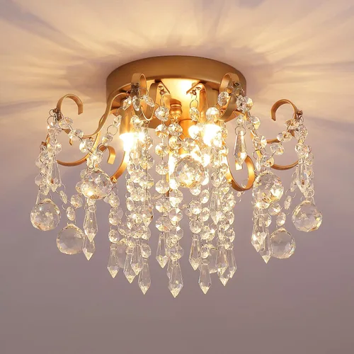 Q&S Candelabro Pequeño, Lámpara de Araña Moderna Mini de Cristal Dorado, Luminaria de Techo para Dormitorio, Pasillo, Entrada, E12, 3 Luces.
