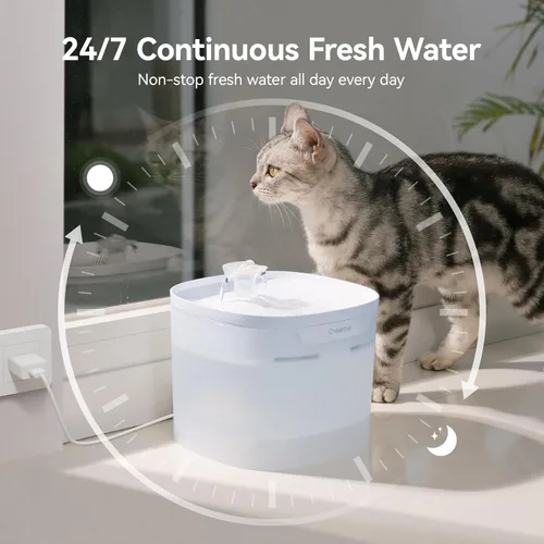 Vista 5 de Fuente de agua para gatos sin bomba Cheerble, fuente automática para mascotas de 2 litros/67 oz, fuente de gato Elfin E1 Lite para beber, tecnología