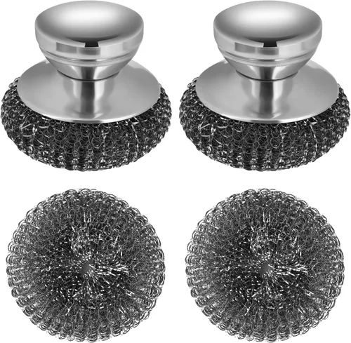 Vista 9 de Onewly 24Pack Estropajo de lana de acero con mango, estropajo de acero inoxidable para limpieza de hierro fundido, platos, ollas, sartenes