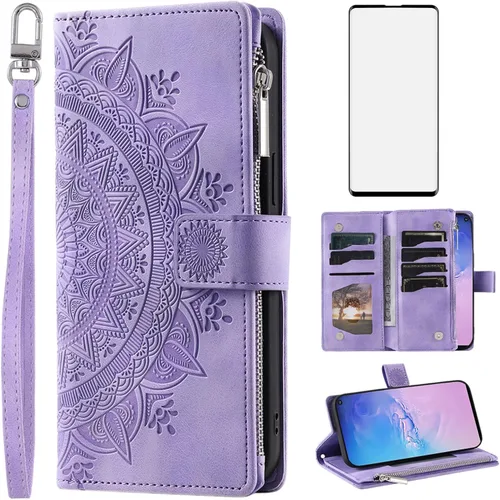 Vista 9 de Asuwish Funda de teléfono para Samsung Galaxy S10 con protector de pantalla de vidrio templado y correa para la muñeca Mandala Flower Flip Zipper
