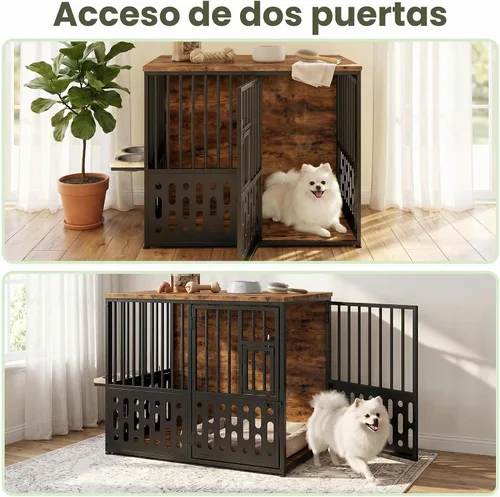 Vista 5 de Yafylly Jaula para perros pequeños de 32 pulgadas, muebles de madera para perros pequeños y medianos, ventana interactiva, cuencos ajustables