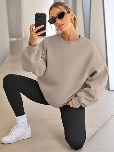 Vista 4 de EFAN Sudaderas de gran tamaño para mujer, cuello redondo, casuales, para Albaricoque