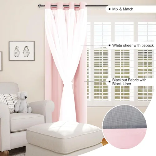 Vista 2 de Cortinas 100% opacas de doble capa para guardería, cortinas opacas con superposición transparente para dormitorio de niñas, cortinas de privacidad