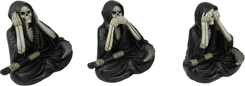 Vista 2 de DWK See No Evil Speak No Evil Hear No Evil Grim Reaper Figuras decorativas Decoración de estante gótico de 3 piezas Figura de la parca