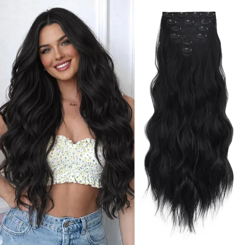 Vista 15 de NAYOO Extensiones de cabello con clip, de 20 pulgadas, largo, ondulado, rizado, rubio ceniza, extensiones de cabello sintético de cabeza completa