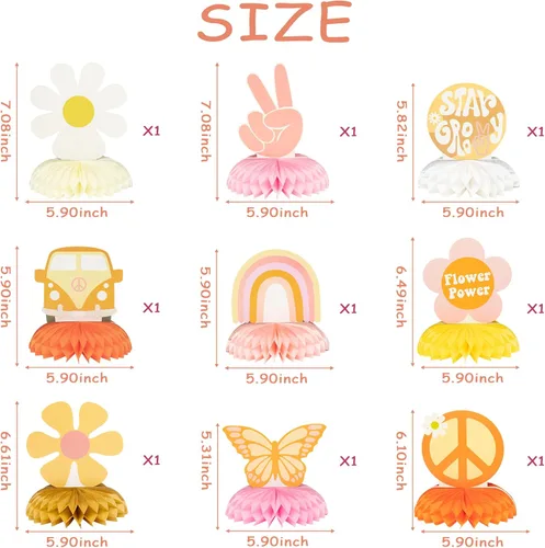 Vista 2 de A1diee 9 piezas Groovy Hippie Boho Party Honeycomb Centers Retro Boho Rainbow Daisy Flower Butterfly Peace Theme Decoración de fiesta de cumpleaños