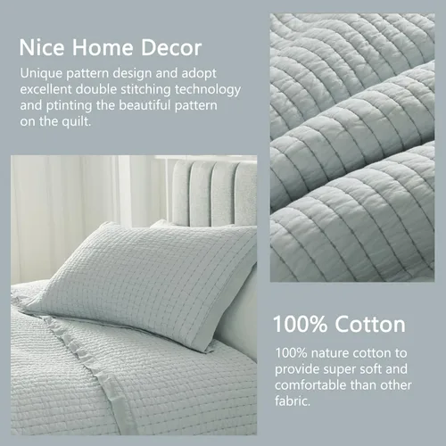 Vista 5 de Finlonte Juego de edredón de tamaño Queen, 100 % algodón, color liso, colcha con patrón de rayas verticales, costuras hechas a mano, edredón Gris