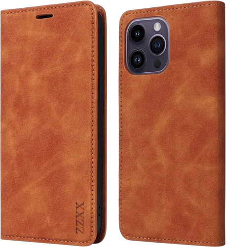 Vista 22 de ZZXX Funda tipo cartera para iPhone 14 con bloqueo RFID, ranura para tarjetas, función atril, magnética, de piel suave, para iPhone 14