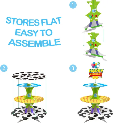 Vista 6 de Soporte para cupcakes de 3 niveles de historieta de dibujos animados, soporte de torre de postres para decoración de cumpleaños, suministros