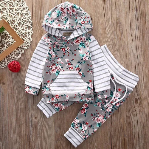 Vista 6 de Conjunto de dos piezas con sudadera de flores, con capucha, bolsillo y pantalones a rayas, para bebé (niña), 0-6 meses, gris