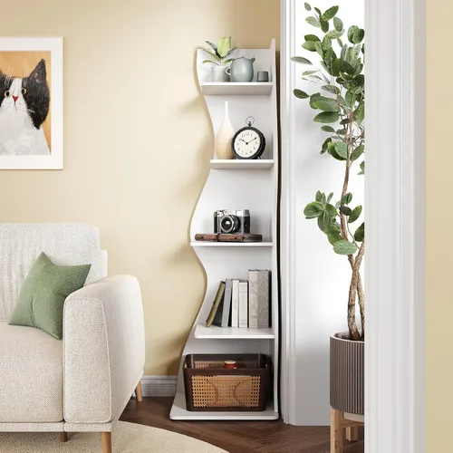 Vista 4 de LITTLE TREE Estantería esquinera de 70 pulgadas, estantería de exhibición Etagere con forma de algas marinas, estantes de pared independientes de 5