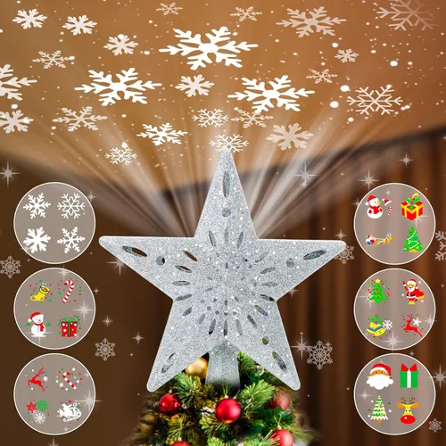 Vista 9 de Proyector de luces para árbol de Navidad con 6 modos de proyección, estrella dorada para árbol de Navidad con proyector LED integrado, proyección