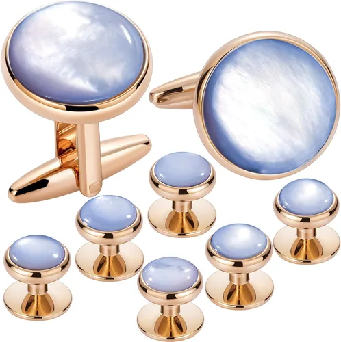 Cufflinks and tuxedo studs Set for Men with Gift Box, Rose Gold Tone Mother-of-Pearl Cuff links for French Cuff Shirt and Dress Shirt, Suitable for