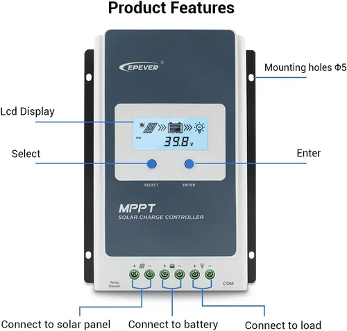Vista 2 de EPEVER Controlador de carga solar 10A MPPT 12V/24V Auto Max.PV 100V Entrada Negativa Panel Solar Regulador de carga con MT50 Medidor remoto Sensor