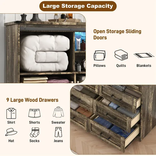 Vista 5 de Cómoda para dormitorio con 9 cajones, cómoda de madera de 43 pulgadas de alto con puertas corredizas de granero, luces LED, soporte de TV moderno