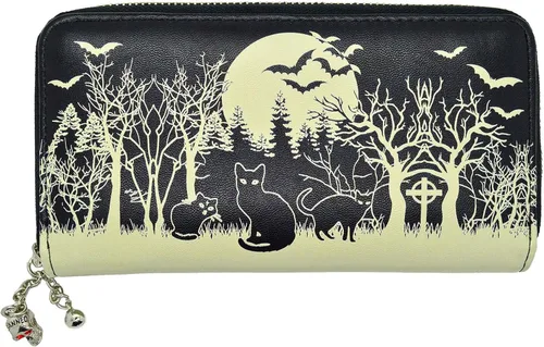 Lost Queen Cartera Woodland Black Cats & Bats Skull Charm Gothic Wiccan Vegan Zip Around Wallet, Negro -, Cremallera