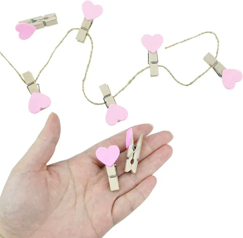 Vista 3 de Pinzas para la ropa con forma de corazón rosa, mini pinzas de madera con cordel de yute, pequeño pin decorativo de madera para manualidades, clips