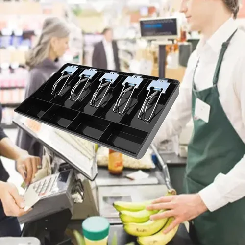 Vista 7 de Bandeja de dinero para caja registradora, bandeja de inserción portátil para monedas, caja de almacenamiento con 5 billetes, 4 compartimentos