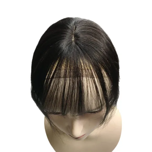 Vista 6 de Flequillo invisible de cabello humano con clip, parte media con flecos, para mujer, cuero cabelludo nude, flequillo 3D (negro)