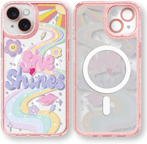 Vista 87 de Compatible para iPhone 13 Funda Bonita Estética - Funda para Teléfono Rosa con Purpurina con Protector de Cámara - Diseño de Cubierta