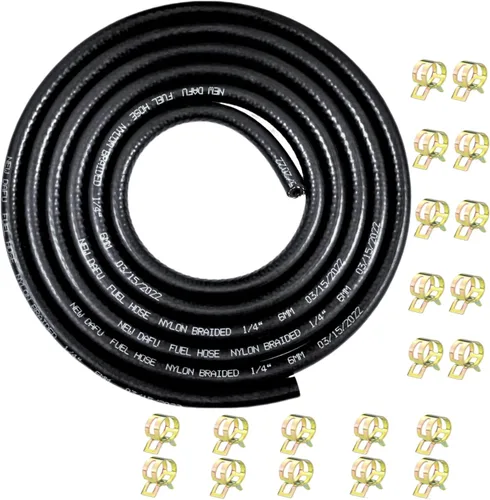 Juego de mangueras de combustible de 1/4 pulgada 6mm ID de nylon trenzado NBR, 10 pies + 20 piezas de abrazaderas de manguera de 2/5 pulgada ID,