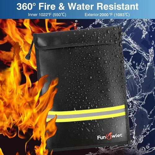 Vista 4 de Bolsa impermeable ignífuga para documentos de dinero, paquete de 2 bolsas seguras con cremallera, bolsa organizadora de almacenamiento resistente al