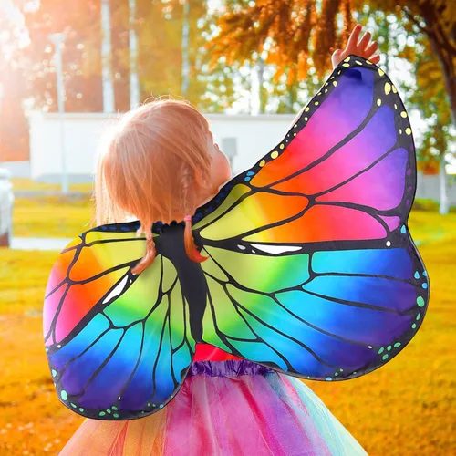 Vista 6 de Latocos Disfraz de mariposa para niñas y niños disfraz de alas de hada arcoíris para Halloween disfraz de tutú con máscara de antena