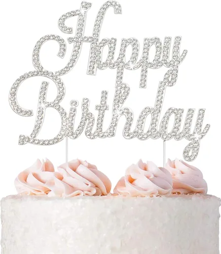 Decoración de pastel de feliz cumpleaños, metal plateado de alta calidad, decoración de diamantes de imitación brillantes para fiesta de feliz