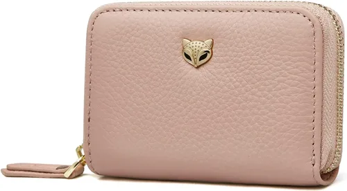 FOXLOVER Cartera pequeña de cuero genuino para mujer, con bloqueo RFID, tarjetero con cremallera, caja de regalo, Rosado, Casual