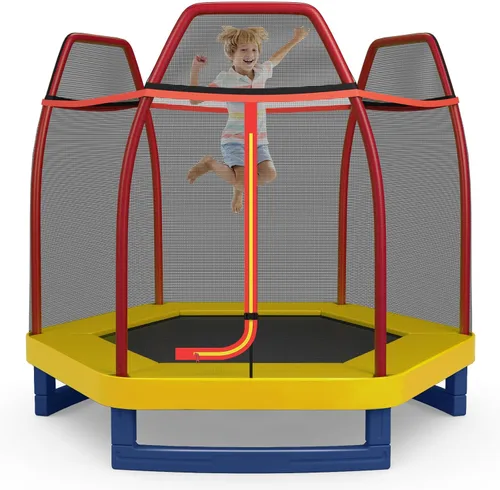 Vista 13 de GYMAX Trampolín para niños, cama elástica de 7 pies con red de seguridad y almohadilla de resorte sin costuras, trampolín pequeño de alta