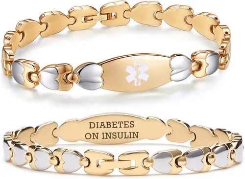 Vista 29 de LinnaLove Pulsera de identificación médica de doble corazón para mujeres 7 1/2 pulgadas de acero inoxidable de moda pulseras de alerta médica