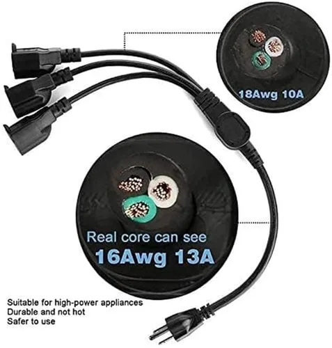 Vista 3 de Cable divisor de alimentación de 1 a 3 tomas de corriente de 3.3 pies/3.3 ft (NEMA 5-15P a NEMA 5-15R) 16 AWG para tira de cables resistente