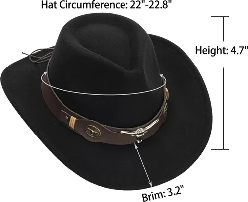 Vista 9 de Sombrero de vaquero occidental para hombres y mujeres, sombrero clásico enrollable con cinturón con hebilla (tamaño mediano)